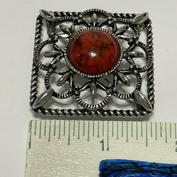Vintage Sarah Coventry Silver Tone Square Pin Red Orange Stone Brooch Open Work - Picture 6 of 7